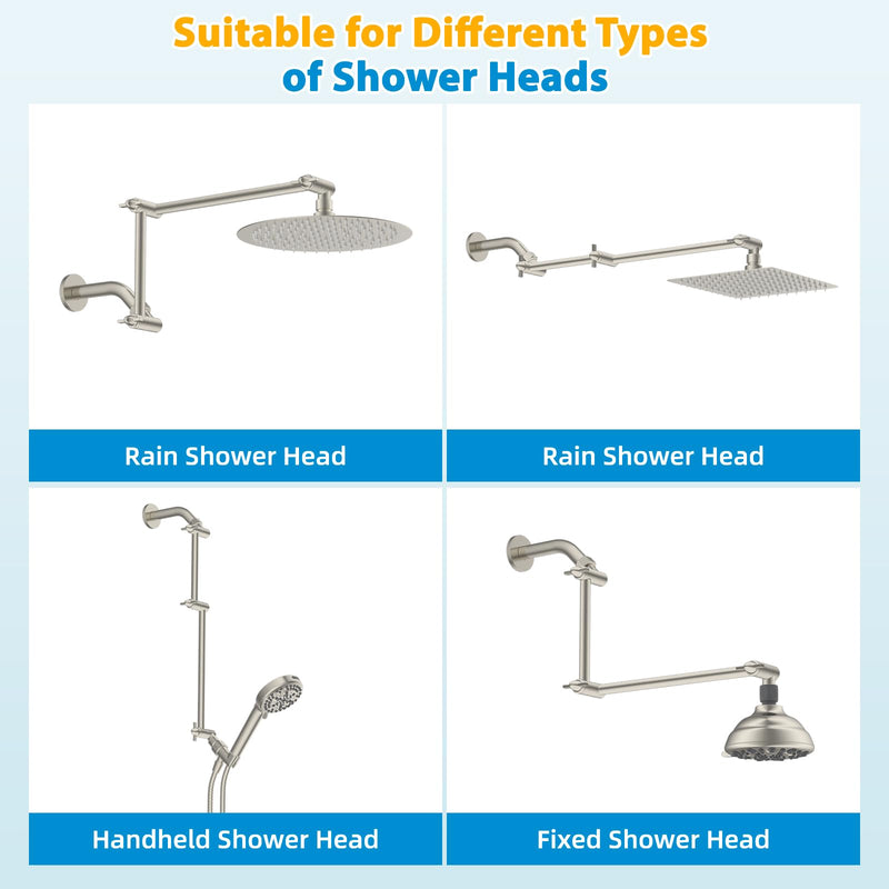 iFealClear All Metal 16" Shower Head Extension Arm, Solid Brass Shower Head Extender Adjustable Height Angle, G1/2 Universal Connection Stainless Steel Rain Showerhead Pipe, Lock Joint, Brushed Nickel 16 Inch