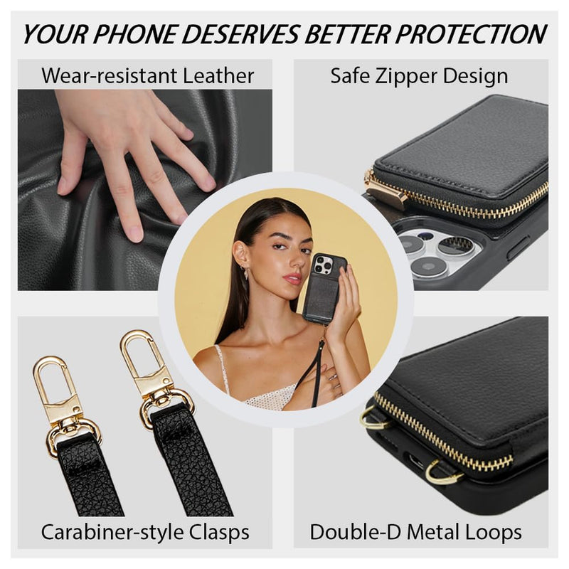 [Australia - AusPower] - ZVE iPhone 13 Pro Max Crossbody Wallet Case, Card Holder Phone Case for Women, Zipper Leather Purse with Wrist Strap, RFID Blocking Cover Gift for iPhone 13 Pro Max (6.7 inch, 2021)- Black iPhone 13 Pro Max, 6.7" 
