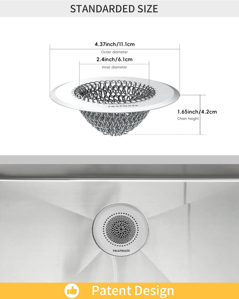 TRAPMATE 4 Pcs Kitchen Sink Drain Strainer, Stainless Steel Sink Strainer Basket with Easy Clean & Anti-Clog, Fits Garbage Disposal, Dishwasher Safe, Single & Double Bowl Sinks (Patented Product) Silver Silver Silver Silver
