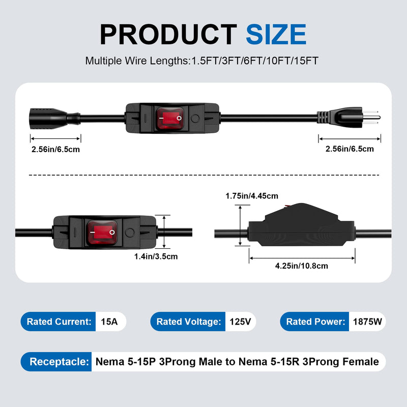 10FT Extension Cord with Switch, Outdoor Waterproof On Off Switch Near Receptacle, 14AWG 3-Prong Grounded SJTW Power Cord, Heavy Duty 15A 125V for Lights and Equipment 10FT