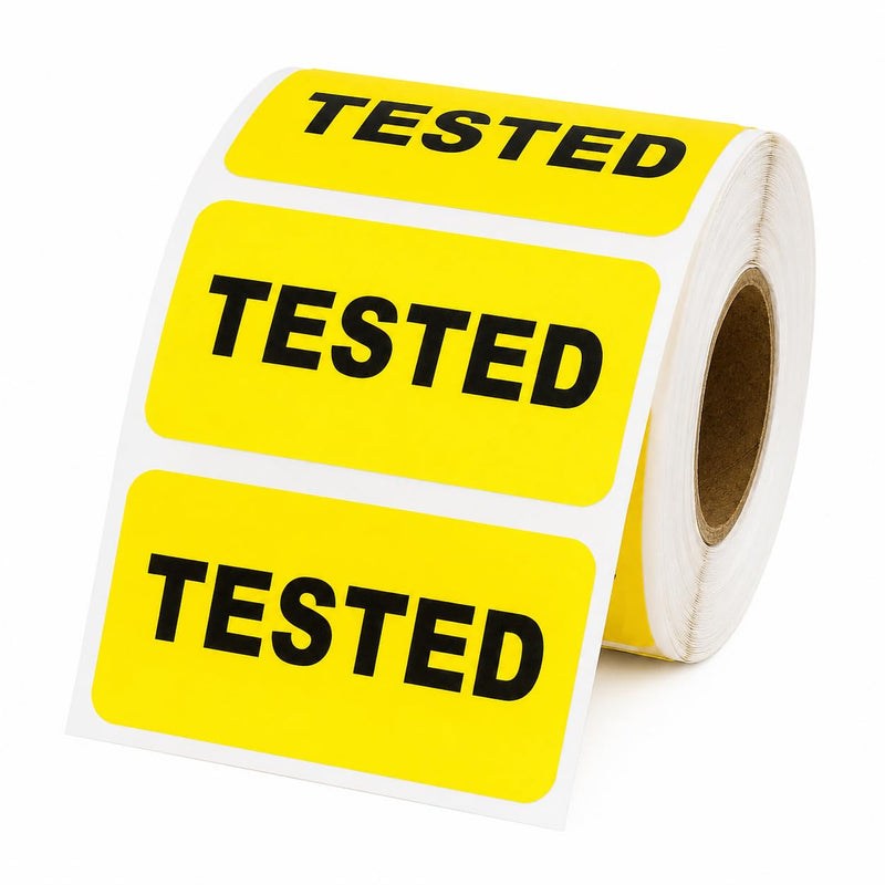 Tested Stickers - 2” x 1”, Bright Yellow, Rectangle Labels, [500 Labels/1 Roll] - Indicate if Inventory or Products Have Been Tested | LabelValue