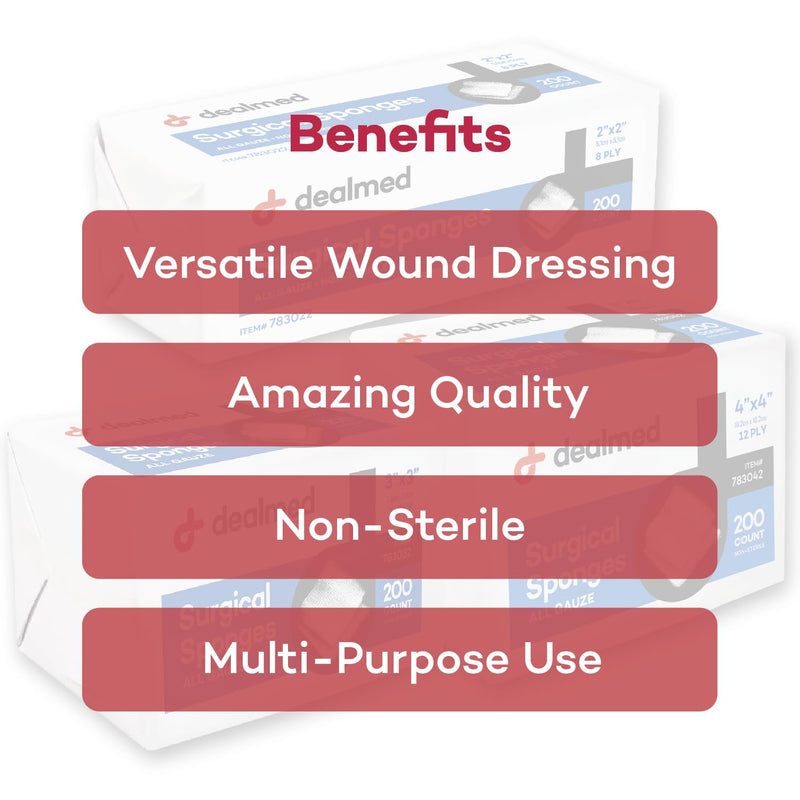 [Australia - AusPower] - Dealmed 2" x 2" Surgical Sponges, 8-Ply, Non-Woven Absorbent Gauze Sponges for Wound Care, First Aid Kits and Medical Facilities, 200 Count (Pack of 2) 2” x 2” 2 Pack 
