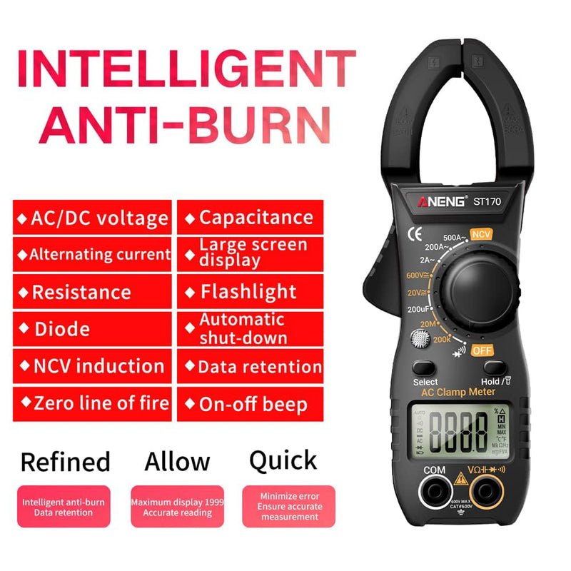 [Australia - AusPower] - NCV Digital Clamp Meter Multimeter 2000 Counts Amp Voltage Tester Auto-ranging with AC/DC Voltage, AC Current, Resistance, Capacitance, Continuity, Live Wire Test, Black 