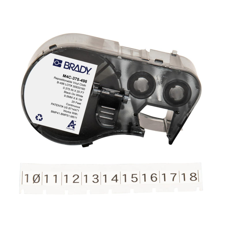 Brady Authentic (M4C-375-498) Repositionable Multi-Purpose Vinyl Cloth Labels 0.375" W x 20' L Black on White. for use with The BMP41, BMP51, and M511 Label Printers