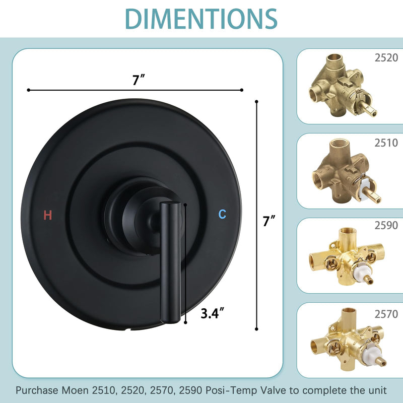 Replacement for Moen Posi-Temp Valve Only Shower Faucet Trim Kit (Valve& Catridge Not Inclued), Volume and Temperature Control Level Handle, Matte Black