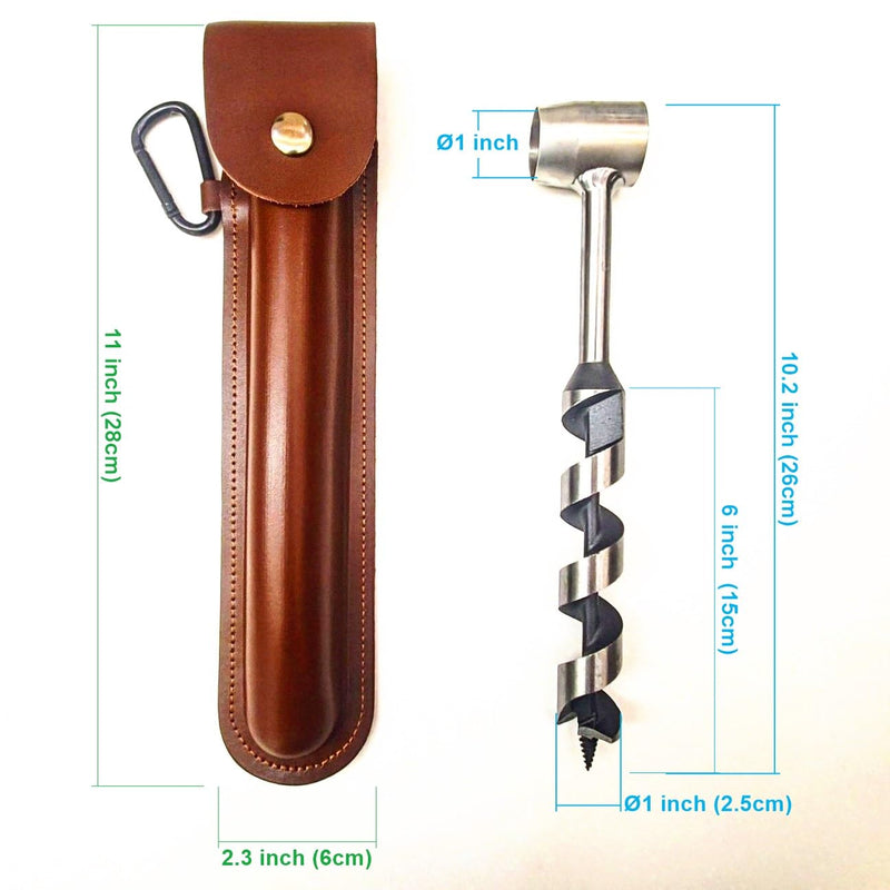 Bushcraft Gear Hand Auger Drill,Bushcraft Tool Survival Tool, Scotch Eye Wood Auger Bit with Genuine Leather Cover,Camping Shelter Building, Barbecue Grill, Backpacking, 1" Dia Drill Peg Hole Maker