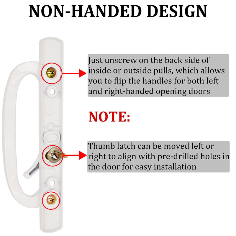 Patio Sliding Glass Door Handle Set with Mortise Lock 45° Keyway, Keyed Offset Position Zinc Diecast I/E Pull Handles, Fits 3-15/16" H.C., 1-3/8" to 2-1/4" Thick Doors, Non-Handed, White