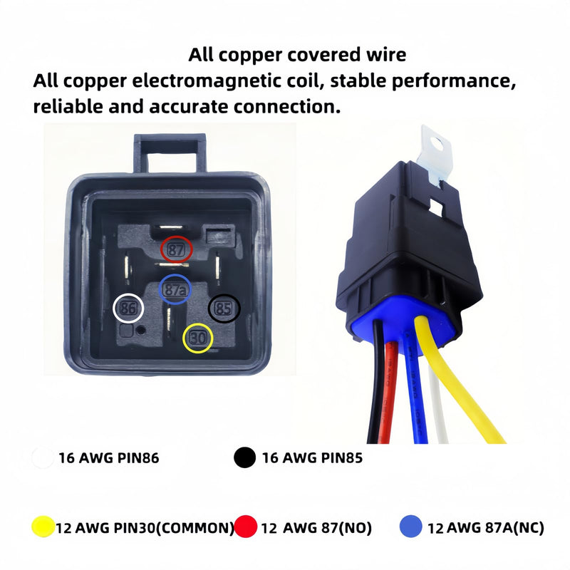 5-Piece 40/30 amp 12VDC Waterproof Relay with Harness 5-pin, Heavy Duty 12/16AWG tinned Copper Wire, 12VDC Waterproof 5-pin SPDT Pure Copper Coil Relay.-5 Pack