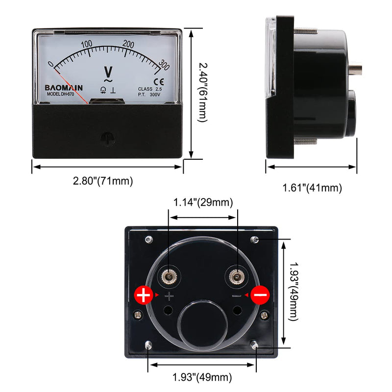 [Australia - AusPower] - Baomain Plastic Housing DH-670 AC 0-300V Rectangle Volt Analog Panel Meter Class 2.5 