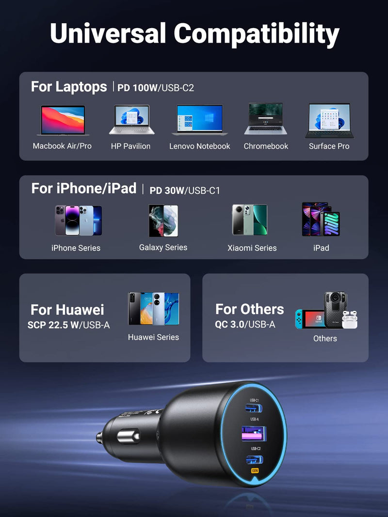 [Australia - AusPower] - UGREEN 130W USB C Car Charger, PD 100W +PD 30W Type C Car Charger Adapter, Fast Charging Car Charger Compatible with iPhone 15 15 Plus 15 Pro 15 Pro Max, Galaxy S24 S23 Ultra, iPad, MacBook, and More 