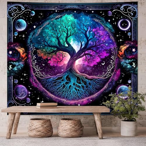 FENDROM Moon Phase Tree of Life Tapestry Moon And Sun Boho Spiritual Aesthetic Wall Hanging Backdrop Blanket for Bedroom Living Room Dorm Decor Blue 59"L x 51"W