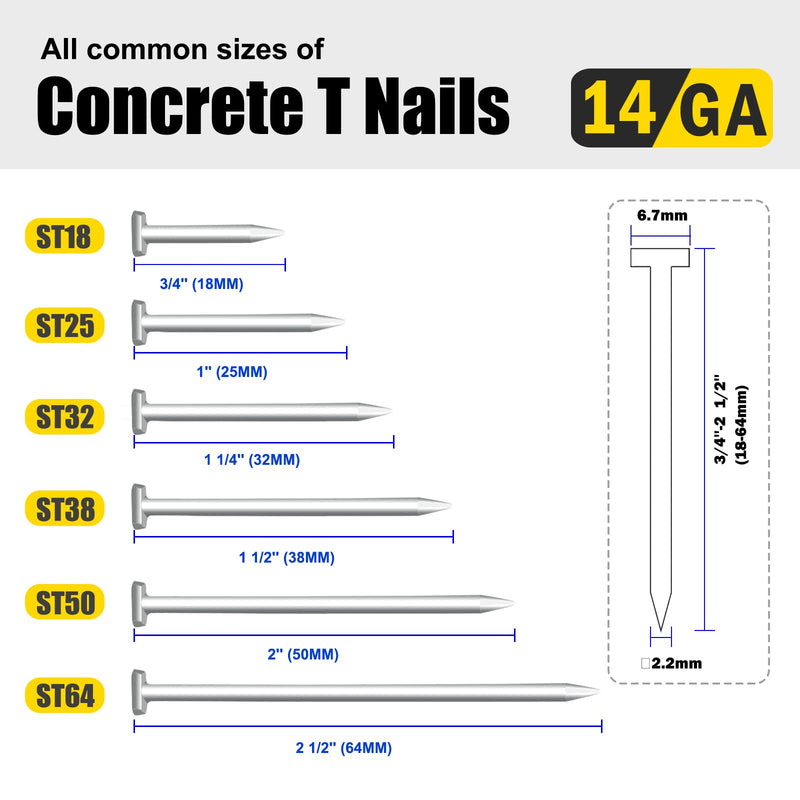[Australia - AusPower] - KIMSING 14 Gauge 3/4'' Length Concrete Nails Concrete T-Nails for Concrete Nailers Smooth Shank 800 PCS/BOX 3/4" (18 mm) 
