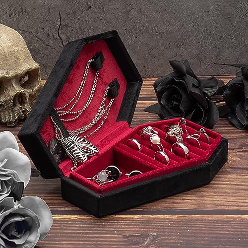 Velvet Coffin Jewelry Travel Case Holder for Gothic Wedding Ceremony Jewelry Organizer Decoration (Black and Red) Black and Red