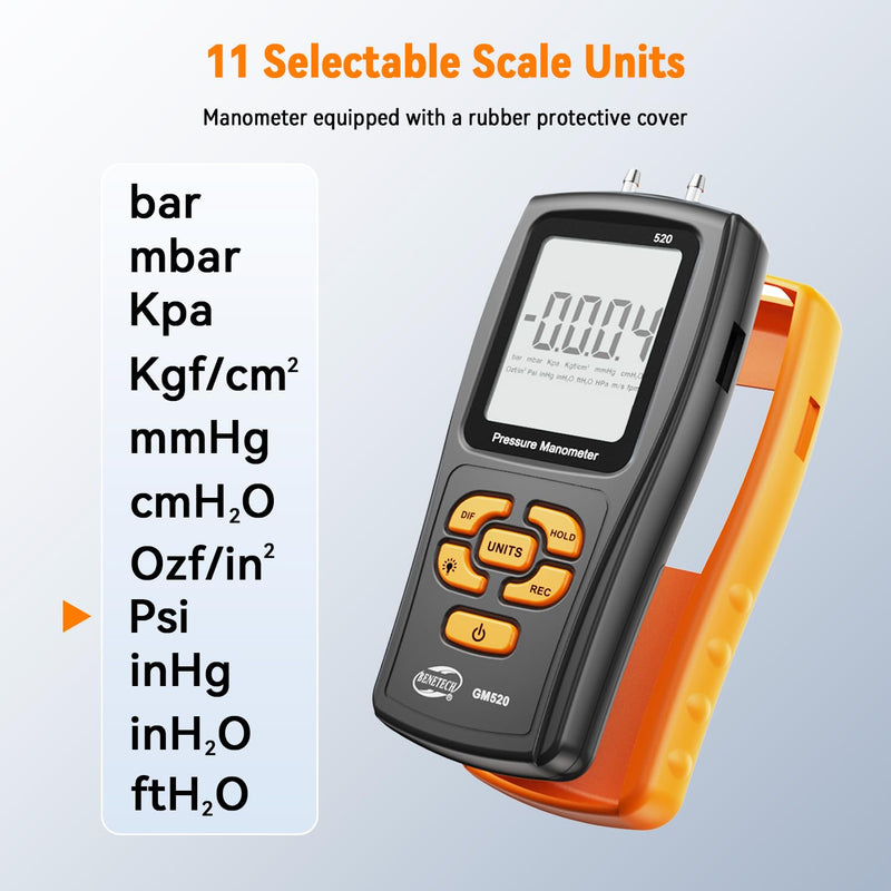 Digital Manometer Gas Pressure Tester, Professional Air Pressure Meter, Differential Pressure Gauge for HVAC, Gas Valve (GM520) GM520X