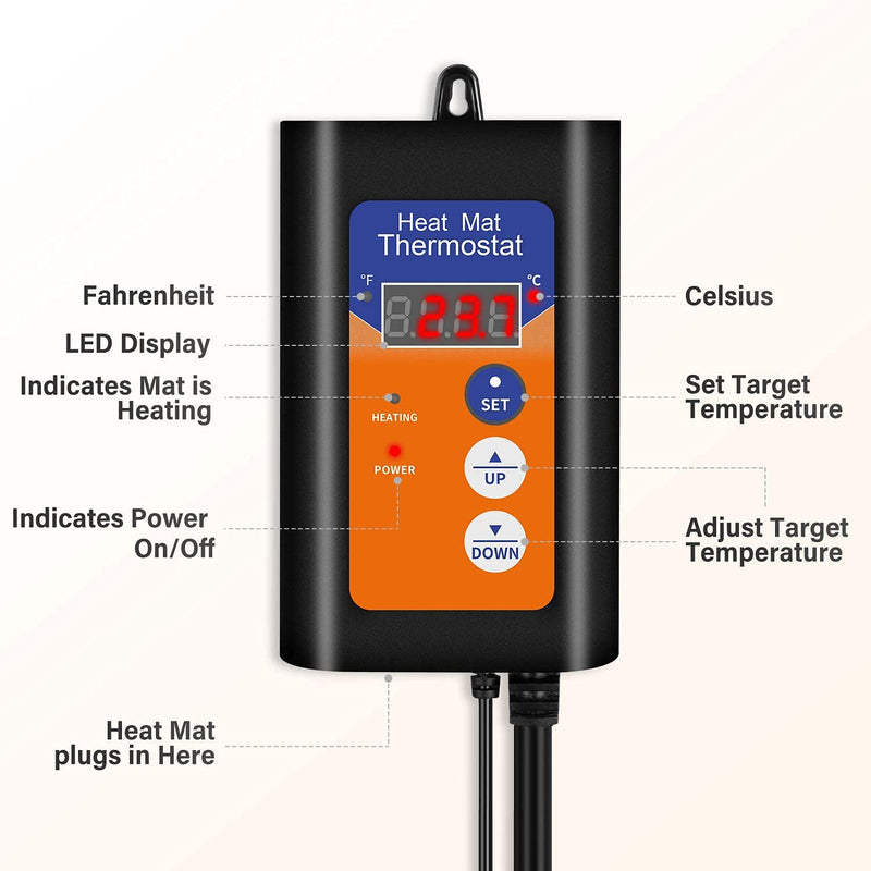 [Australia - AusPower] - iPower Digital Heat Mat Thermostat Controller for Seed Germination, Reptiles and Brewing Breeding Incubation Greenhouse, 40-108°F, 8.3A 1000W 1000W-Orange 1 Pack 