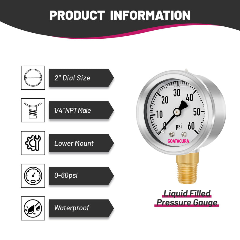 [Australia - AusPower] - 0-60psi Glycerin Filled Pressure Gauge, 2" Dial Size, 304 Stainless Steel Case, 1/4" NPT Lower Mount, with High Accuracy, for Measuring Water Air Hydraulic Pressure 0-60psi Lower Mount Single Scale 