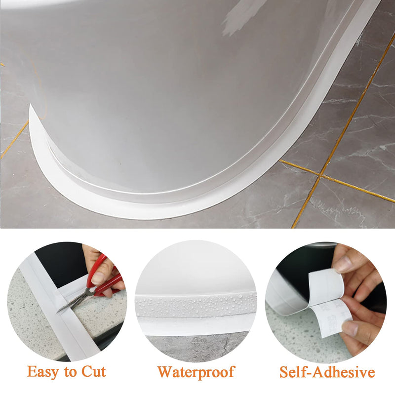 White Caulk Tape for Bath & Kitchen, 1.5''x10.5FT | PVC Self Adhesive, Waterproof Caulking Sealing Strip, For Toilet Base, Bathroom Shower Sink, Edge Protector White-10.5FT-1.5IN-A