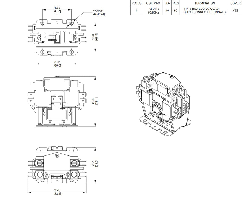 [Australia - AusPower] - 1 Pole FLA 40 Amp 24V coil SunLee Single Pole DP Contactor Replacement for Condenser Contactor C140A 45GG10AJA equivalent 1P 40A 24VAC 