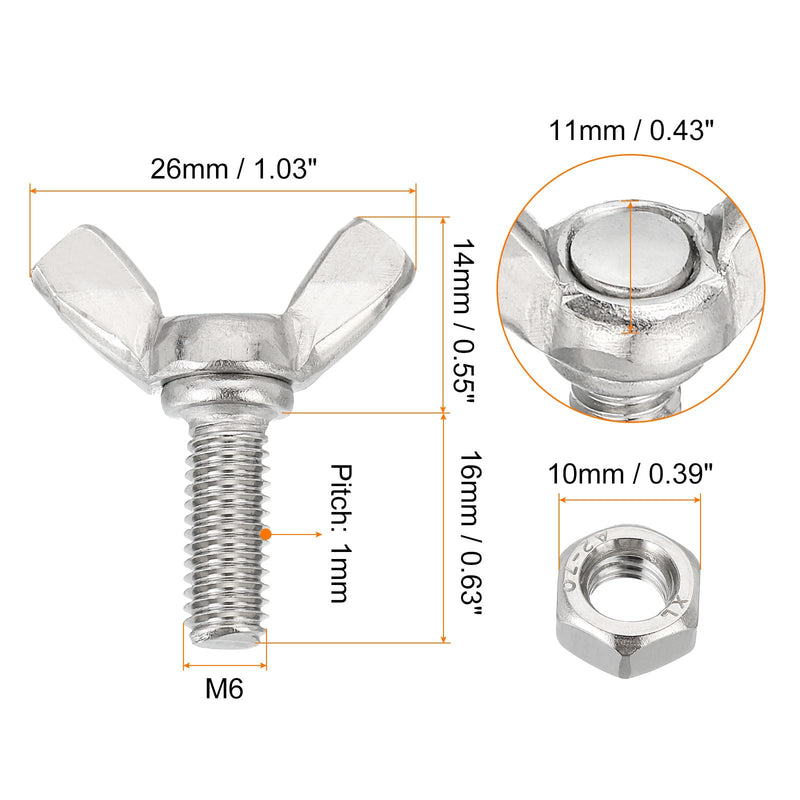 [Australia - AusPower] - uxcell 6pcs M6-1x16mm Wing Butterfly Screws Bolts with 6pcs Nuts, 304 Stainless Steel Wing Bolt Thumb Hand Screws Butterfly Screws M6x16mm 6 