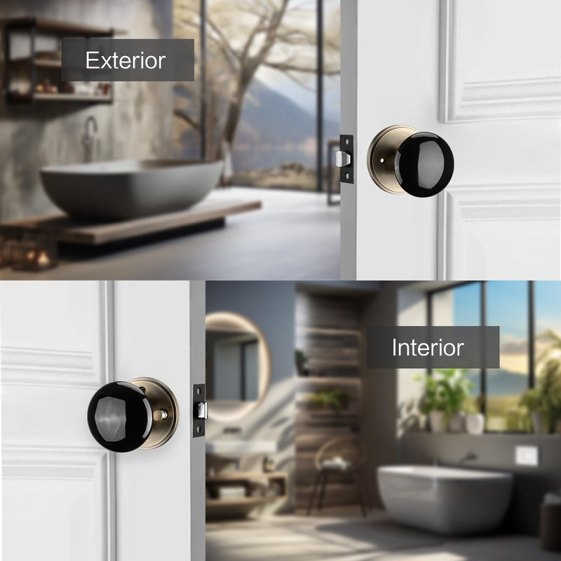 NCL Black Door Knobs, Door Knob Interior, Porcelain Round Door Levers, Antique Brass Privacy Door Handles, Door Locks for Bedroom and Bathroom Black Knob