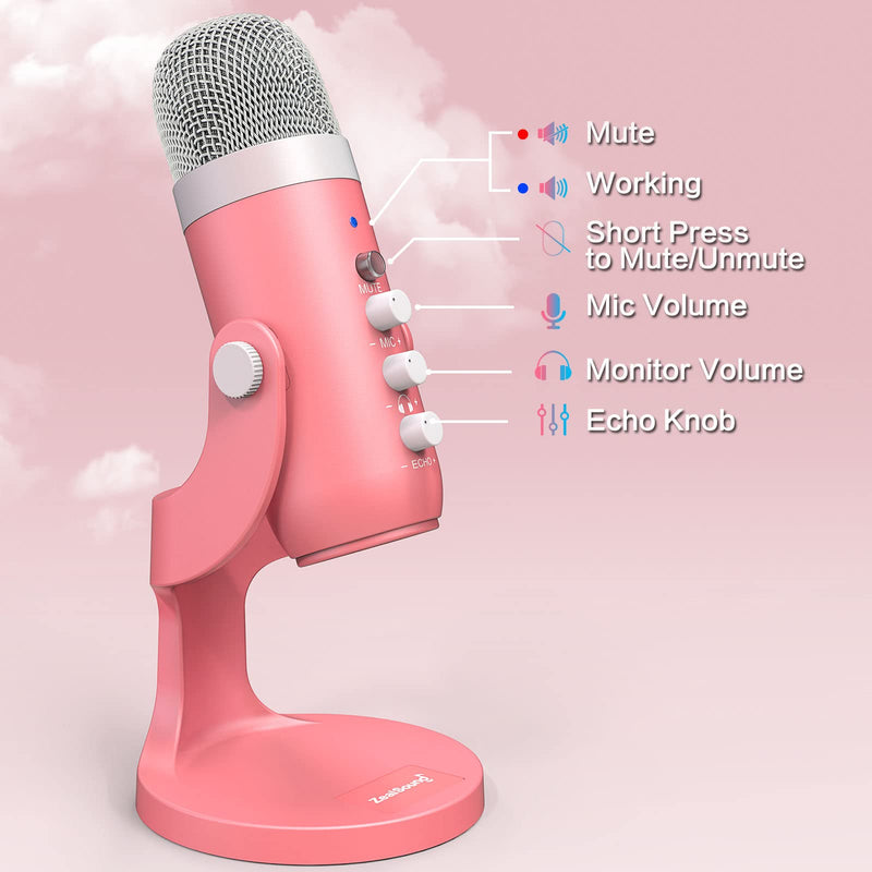[Australia - AusPower] - ZealSound USB Microphone,Condenser Computer Mic,Plug&Play Gaming Microphones for PS 4&5.Headphone Output&Volume Control,Mic Gain Control,Mute Button,YouTube Podcast on Mac&Windows Pearlescent Pink 