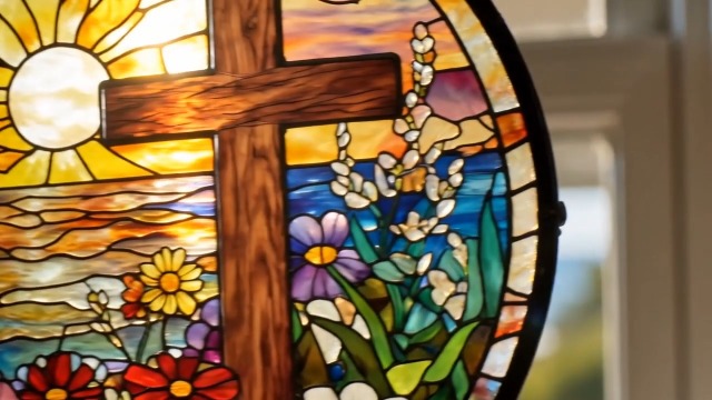 Rngmsi Cross Flower Stained Glass Sun Catcher 8 Inch Window Home Decor Religious