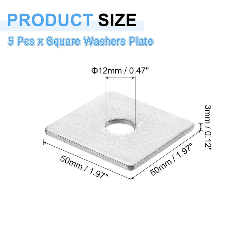 [Australia - AusPower] - uxcell 5Pcs 2" Square Plate Washer for 1/2" Bolt, 201 Stainless Steel Bearing Plate Flat Washers Spacer Gasket for Machinery Repair, Outdoor Construction (0.12" Thick) 2" x 1/2" x 0.12" 5 