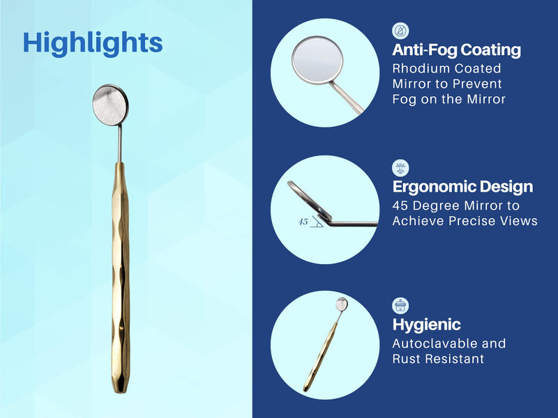[Australia - AusPower] - Dental Mirror Stainless Steel with Gold Plated Handle, Set of 5 Dental Mirrors Front Surface Rhodium Plasma Coated European Style Threading by ARTMAN Brand 
