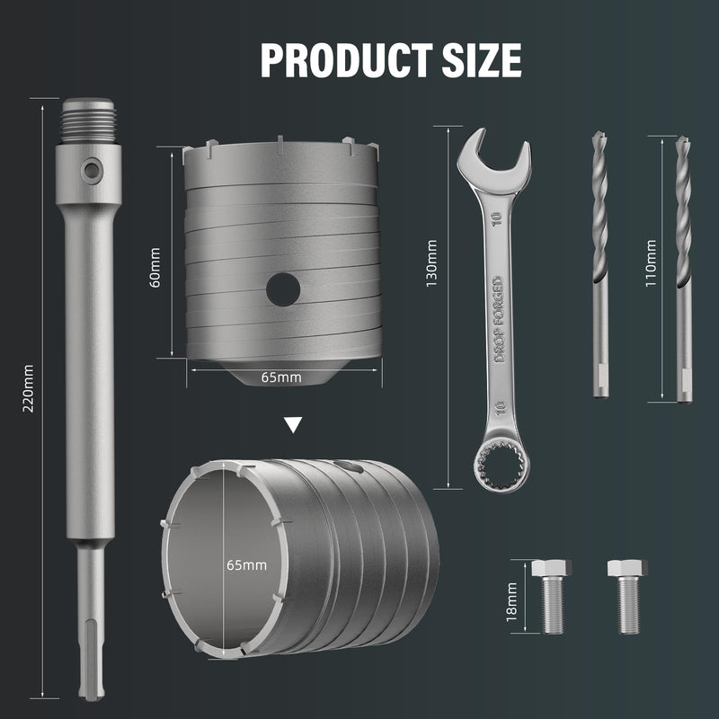 BURMONG Concrete Hole Saw Set with 65/115/150mm Drill Bit and 220mm SDS Plus Connecting Rod, High-Strength Steel Triple-Edged Cutting, Suitable for Drilling Holes in Concrete Brick Stone Wall (65mm) 65mm