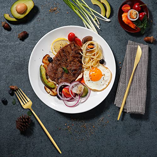 Gold stainless steel 24-piece flatware set with knives, forks, and spoons for six, ideal for home dinnerware and table setting.