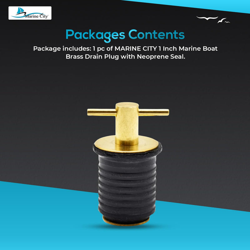 MARINE CITY Brass Drain Plug with Neoprene Seal – Rust-Proof, Corrosion-Resistant, Ideal for Boats, Yachts, Kayaks 1” Drain Plug
