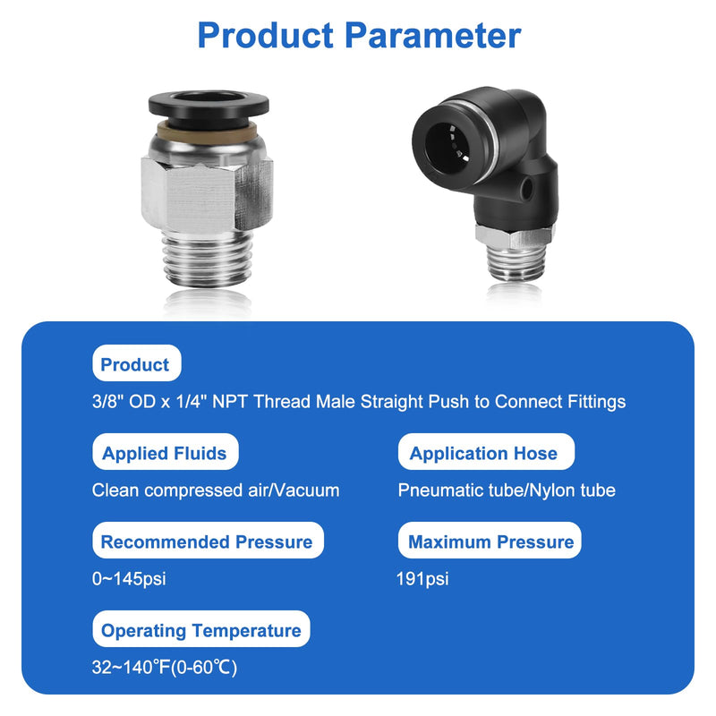 [Australia - AusPower] - 12 Pcs Push to Connect Fittings 3/8 Inch Tube OD x 1/4 Inch NPT Thread Pneumatic Male Straight and Elbow Quick Connect Air line fittings 3/8"OD x 1/4"NPT 