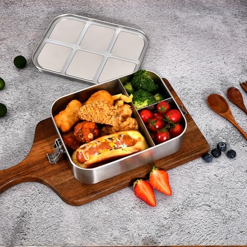 UPTRUST Stainless Steel Bento Lunch Box, 3-Compartment Large 1400ML Metal Bento Box for Kids or Adults, Container with Lockable Clips to Leak Proof 47oz 3-Compartment