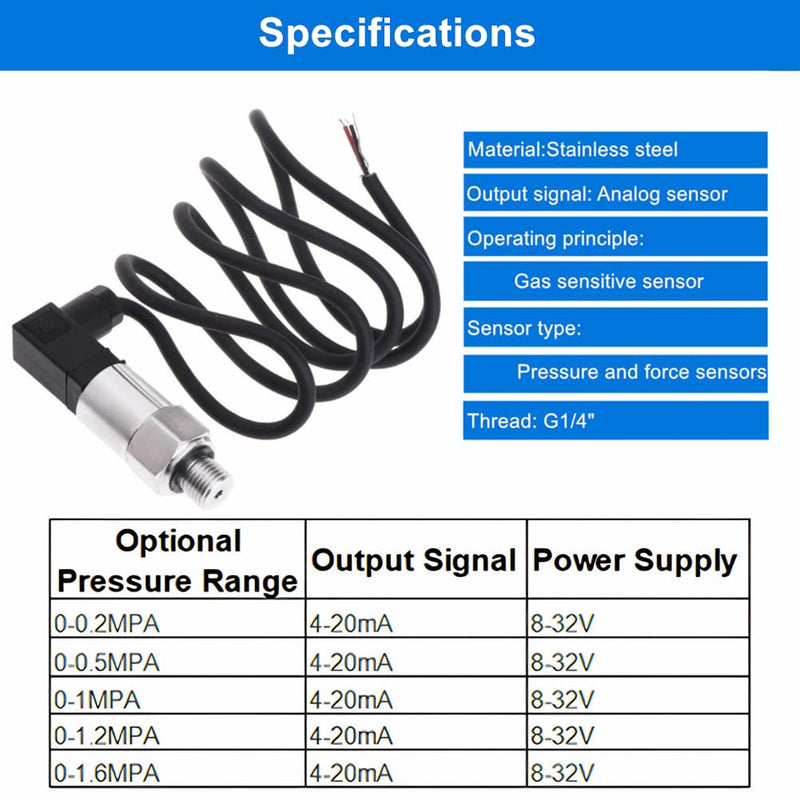 [Australia - AusPower] - Stainless Steel Pressure Transducer, Pressure Sensor Silicon Pressure Transmitter Sensor Water Flow Sensor 4-20mA Output G1/4 Inch for Water Gas Oil (0-0.5 MPA) 0--1MPA 