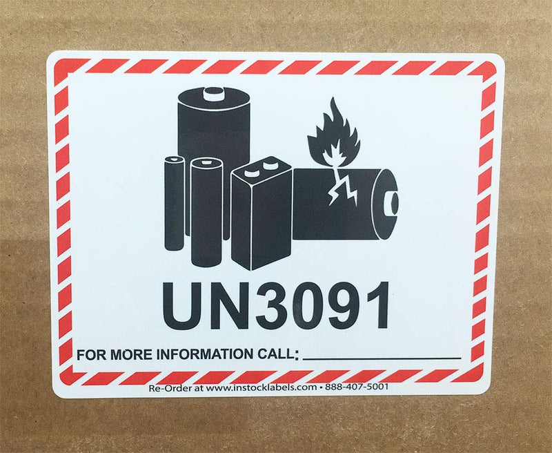 UN3091 Caution Lithium Battery Labels 3.25 x 4.25 Inch 500 Total Stickers for Smaller Packages Only
