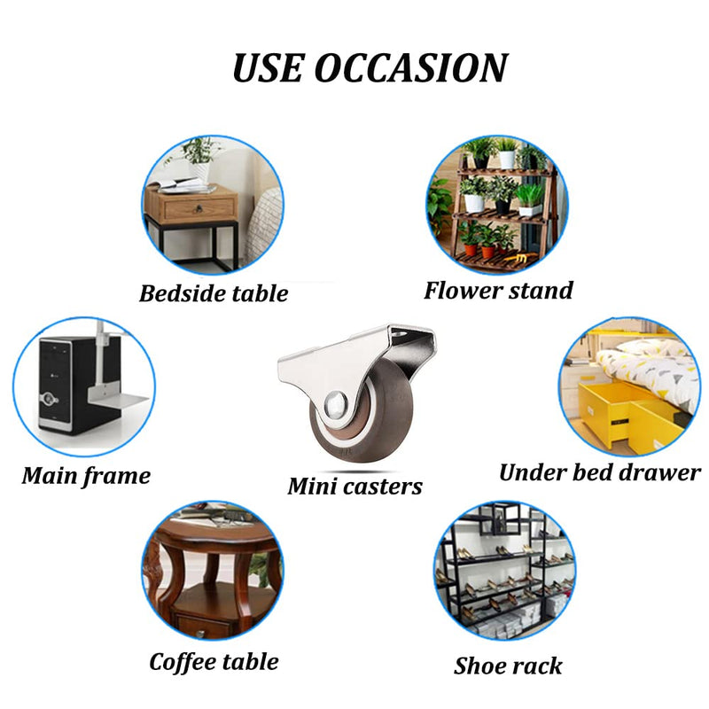 [Australia - AusPower] - Mini Fixed Caster Wheels 1 inch Silent Ball Bearing Small Casters Wheels, Metal Top TPE Rubber Low Profile Caster Wheels for Furniture Rolling Cabinet Trundle Bed Drawer with Screws 4 Pack 