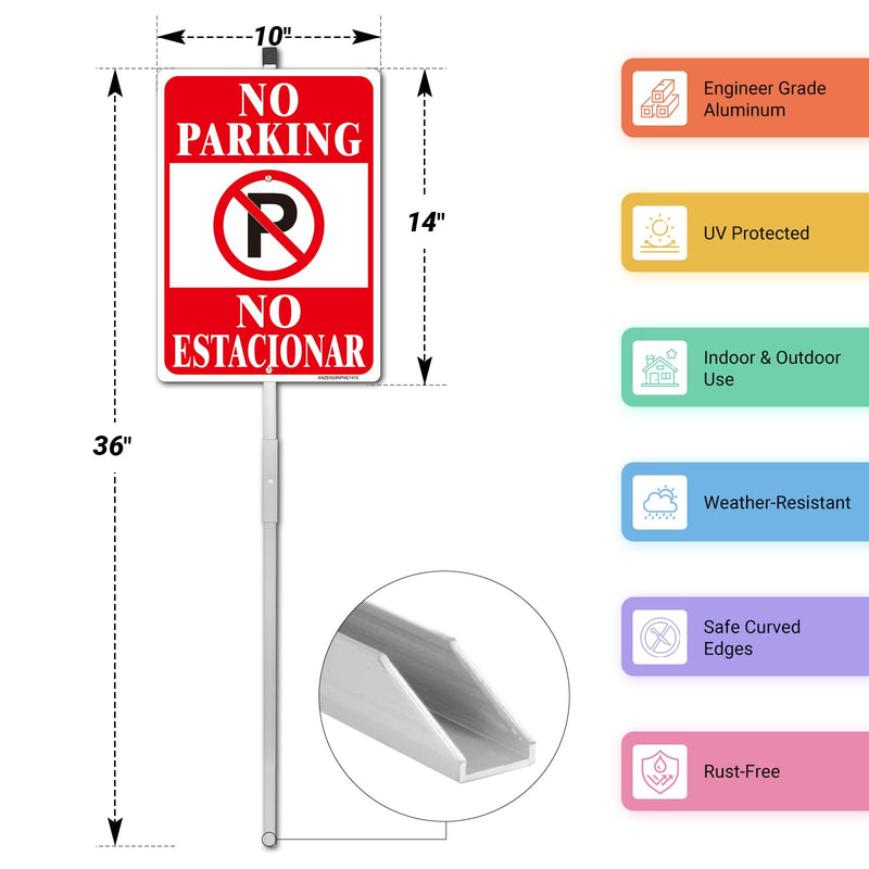 No Parking English Spanish Bilingual Sign, 2 Pack-14"x10"Reflective Aluminum with 36" Long Metal Stakes Set, UV Protected, Fade Resistant, Portable No Parking Sign for House or Business, Easy to Mount Red