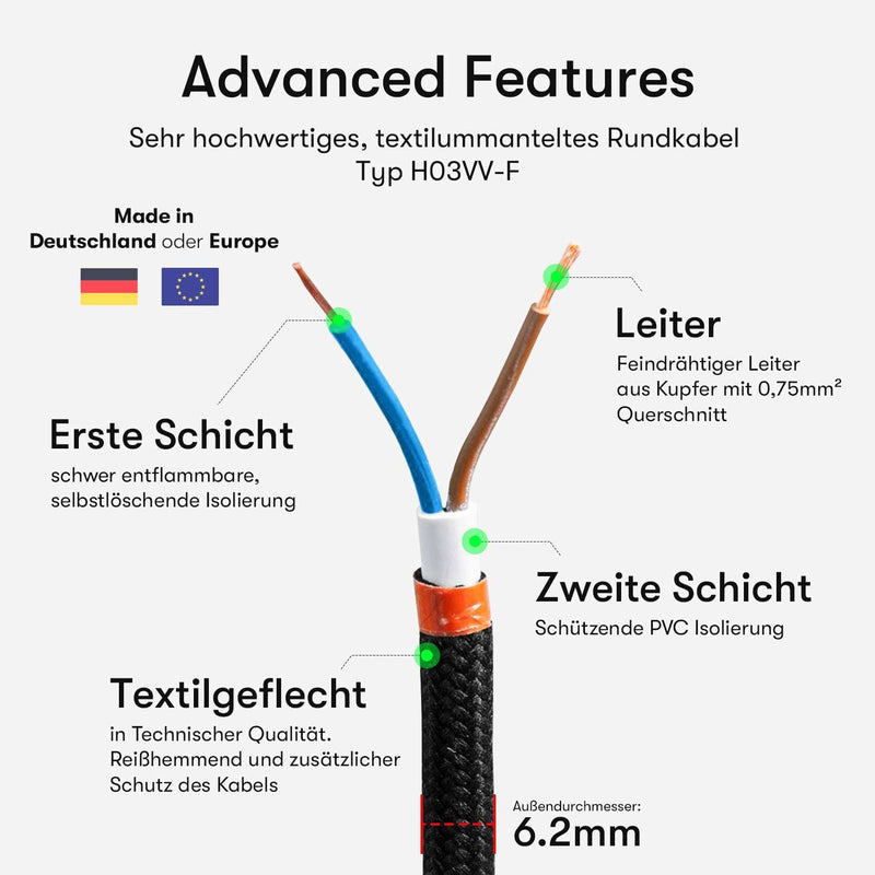 Textile Cable for Lamps, Various Colors, 2 Core, 2 x 0.75 mm2, black 5 meters