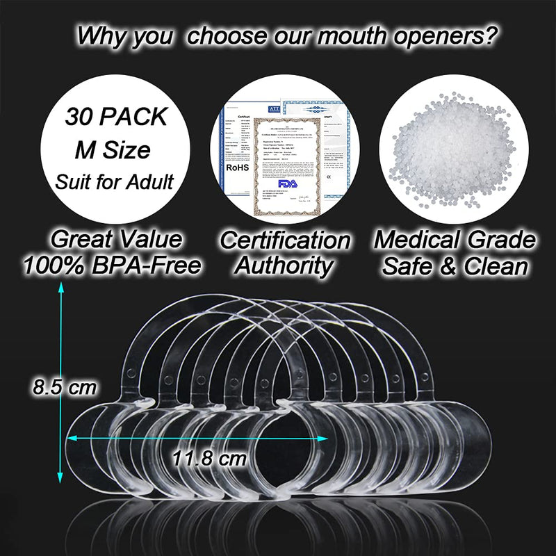 [Australia - AusPower] - 30-Pack Dental Cheek Retractor, Professional Autoclavable Mouth Opener Retractors, 100% BPA-Free, for Dentist, Teeth Whitening, Party, Mouthguard Challenge Game - Size M, Clear 