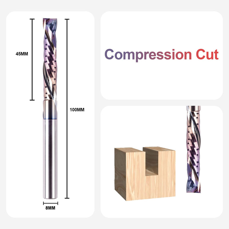 [Australia - AusPower] - SpeTool Spiral Cutter 8 mm Shaft Compression 45 mm Cutting Length Extra Long with TAC Coating Groove Cutter CNC Cutter Slot Cutter Wood Solid Carbide End Mill Cutter for Router Wood Cutter Router Bit 1 