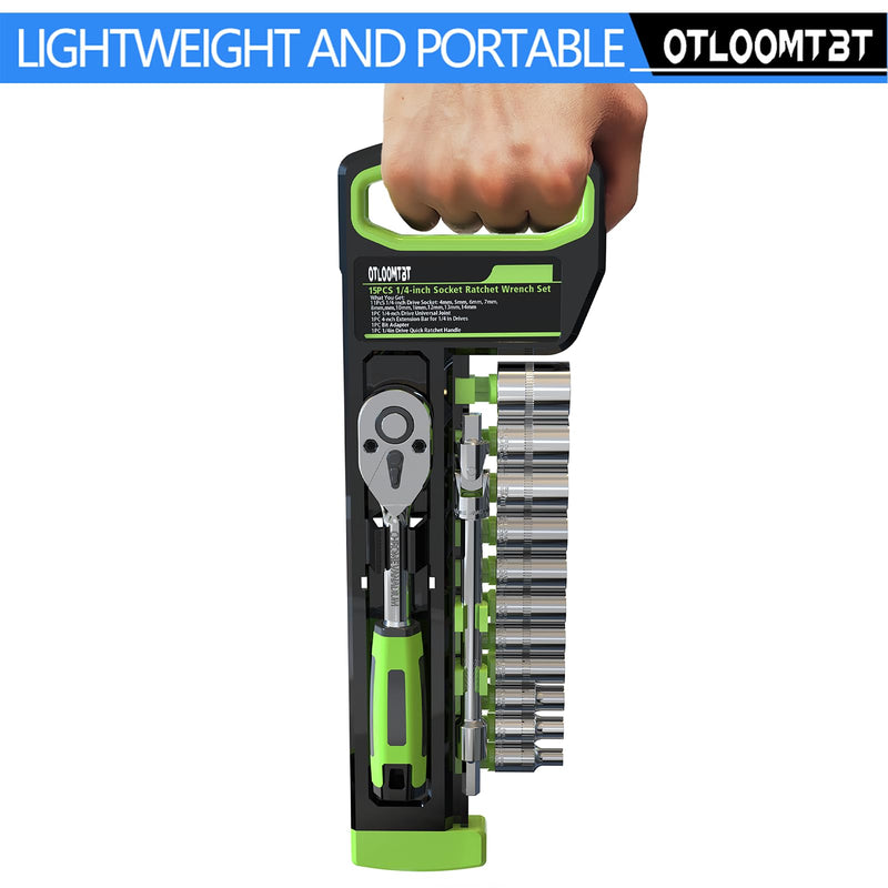 [Australia - AusPower] - 15pcs 1/4 Inch Drive Ratchet Socket Wrench Set, with Metric 4-14mm and Front and Rear Quick Released Ratchet Handle and Extension Bar Universal Joint Hand Drill Adapter, Portable Organizer 