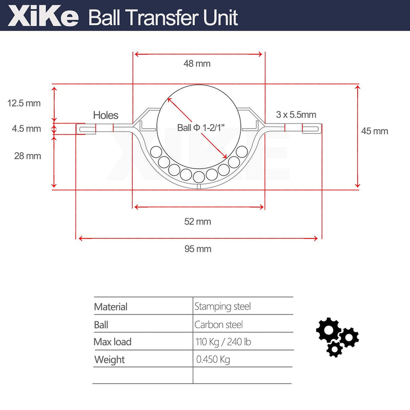 [Australia - AusPower] - XiKe 4 PCS Ball Bearing Transfer Units 1-1/2" Roller Transfer Bearings Wheel Casters 240Lbs Carbon Steel Flange Mounted 360 Rotation for Transmission. 240 pounds load ? 1-1/2" ball diameter 