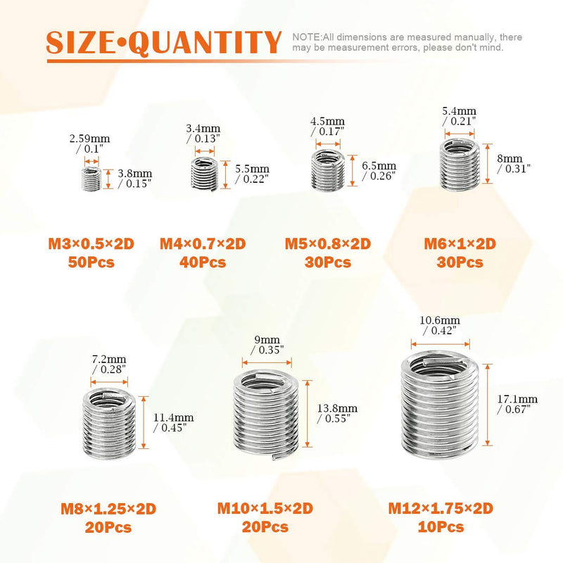 [Australia - AusPower] - 200 Pcs Wire Thread Inserts kit 304 Stainless Steel Metric M3 M4 M5 M6 M8 M10 M12 Helicoil Kit Wire Screw Sleeve Thread Repair Kit 