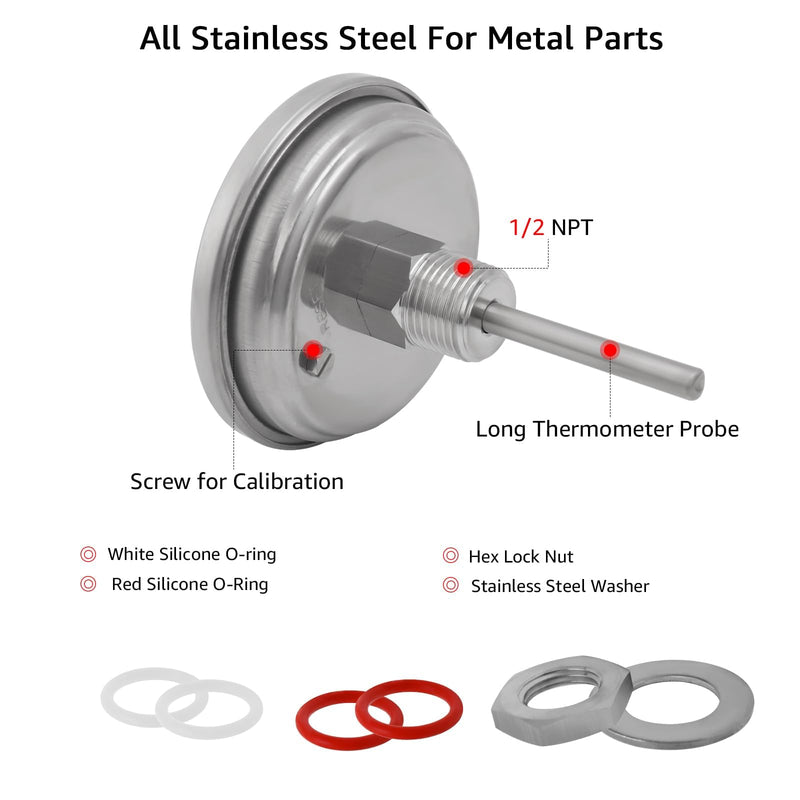 [Australia - AusPower] - Ferroday Stainless Steel Thermometer Dial Thermometer 1/2 NPT Homebrew Kettle Thermometer With Lock Nut & O-ring ( 0-220ºF, -10-100ºC) 