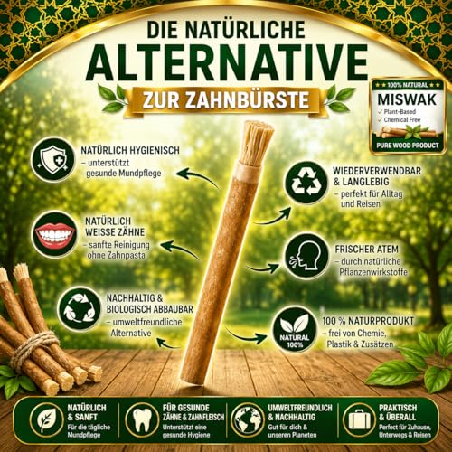 100% Miswak Toothbrush (Pack of 5) - Natural Miswaks without Fluoride - Miswakstick Siwak for White Teeth & Oral Care Includes Bag