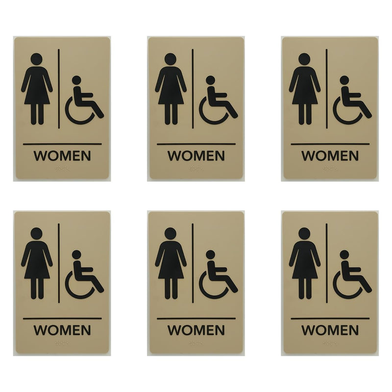ADA Compliant, Women's Handicap Bathroom Sign, Raised Icons, & Grade 2 Braille - Includes Adhesive Strips for Easy Installation - 6" W x 9" H Made in the U.S.A. (Taupe, 6-Pack) Taupe