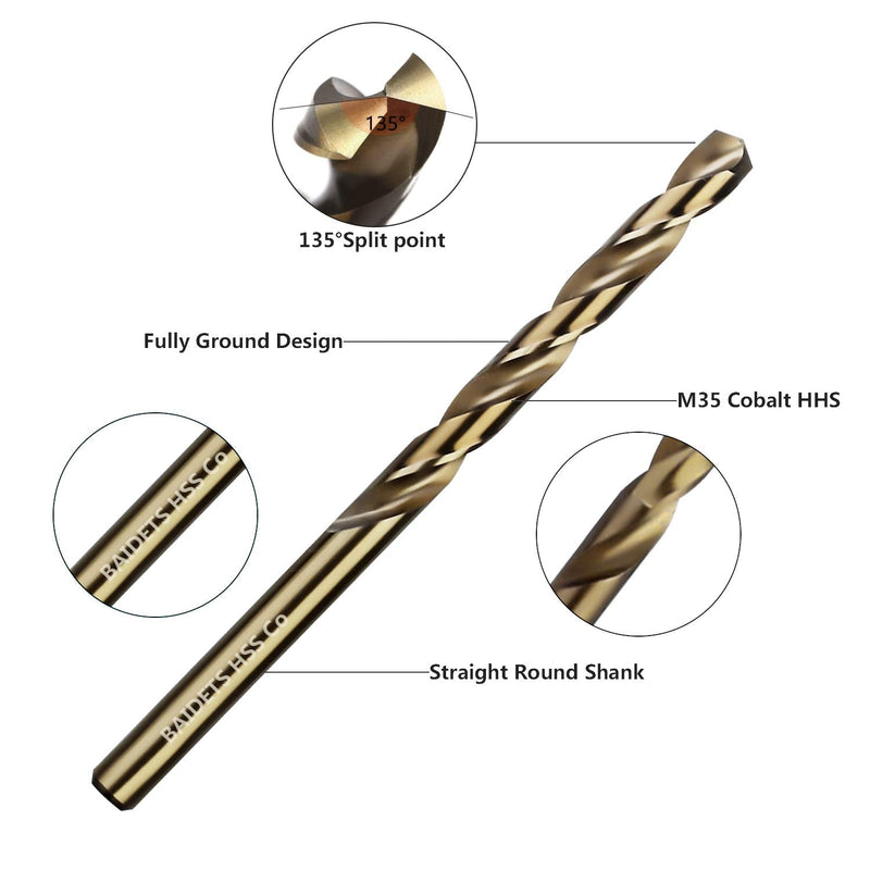 5/16 Inch Cobalt Drill Bits - Set of 10 Pcs, BAIDETS M35 High Speed Steel Jobber Drill Bits, Twist Drill Bits Set for Hard Metal, Stainless Steel, Cast Iron, Plastic and Wood 5/16inch, 10PCS