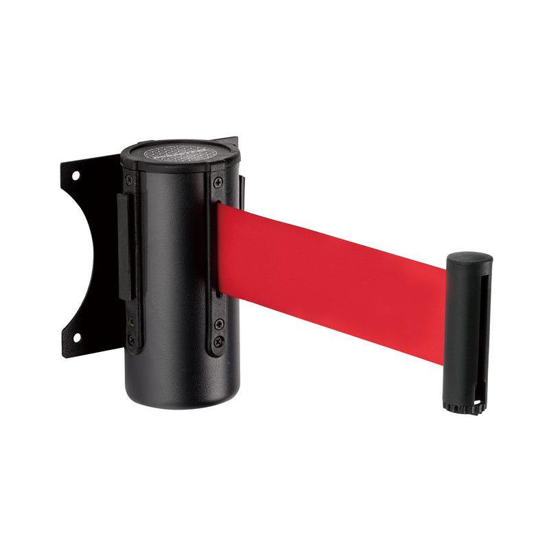DuraSteel Wall Mount Retractable Belt Barrier - 9.2 Ft Red Safety Belt in Sturdy Black Casing - Guardian 1.0 Indoor & Outdoor Do Not Cross Caution Tape for Crowd Control Queue Barrier, Line Divider Black Body Red Belt