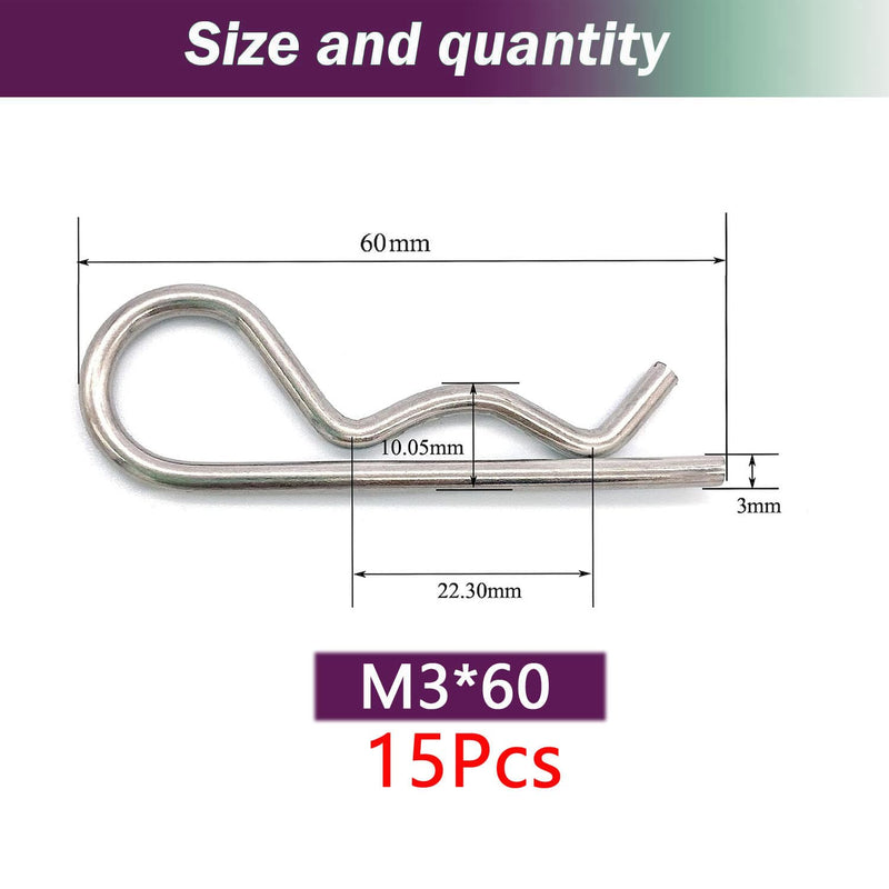 [Australia - AusPower] - 15Pcs Heavy Duty Hitch Pins Clip R Clips Cotter Pins, Stainless Steel Spring Retaining Wire Hair Pins? Large for Trailer Tractors Mower Carts Truck Pin Clip?Strong Spring Tension M3x60mm M3×60mm-15pcs 304 Stainless Steel 15 