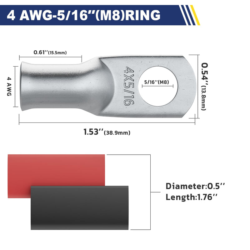 [Australia - AusPower] - haisstronica 10pcs 4 AWG - 5/16" (M8) Tinned Copper Battery Lugs, Heavy Duty Copper Wire Lugs with 10pcs 3:1 Adhesive Heat Shrink Tubing, 4 Gauge Wire Lugs, Tinned Copper Battery Cable Ends 4 AWG- 5/16" (M8) Ring 